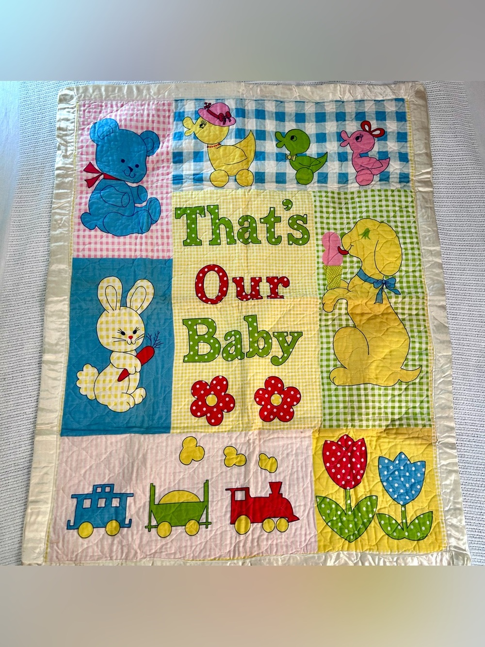 Vintage 80’s ‘That’s Our Baby’ Handmade Patchwork Baby Crib Blanket Satin Edge